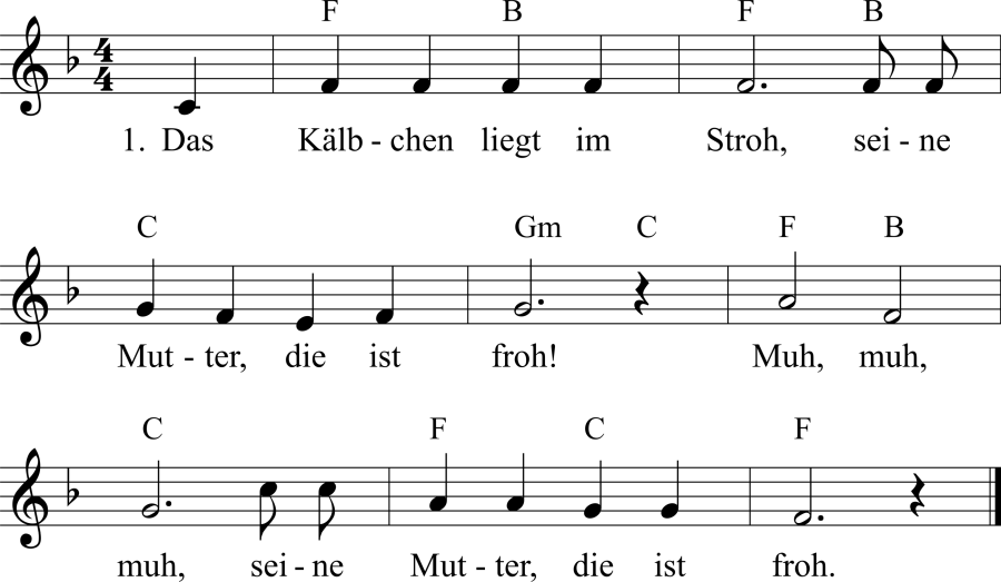 Musiknoten zum Lied - Das Kälbchen liegt im Stroh