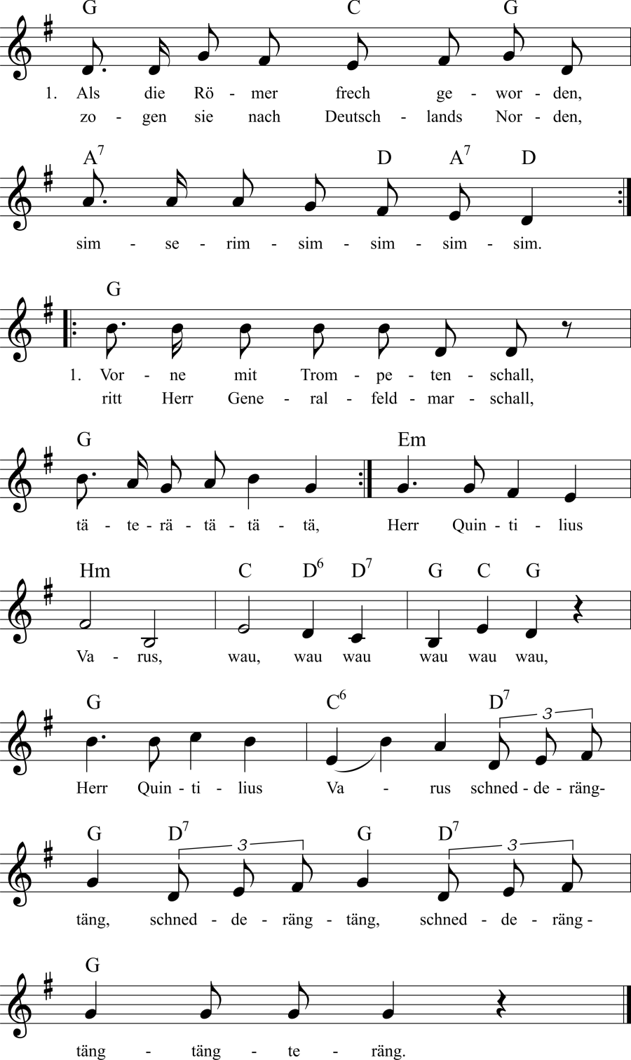 Musiknoten zum Lied - Als die Römer frech geworden