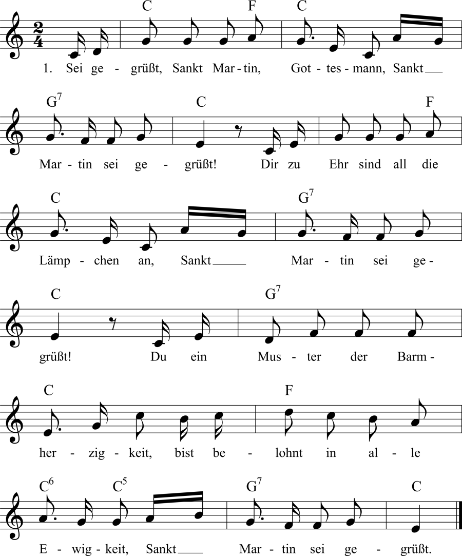 Musiknoten zum Lied - Sei gegrüßt, Sankt Martin, Gottesmann