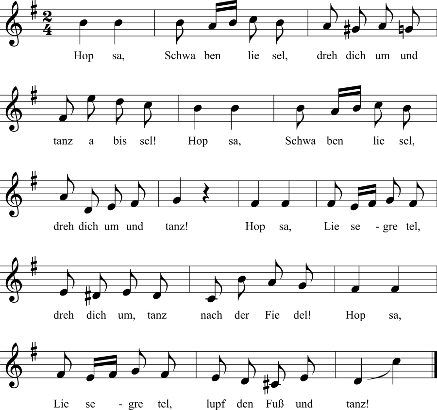 Musiknoten zum Lied Hopsa, Schwabenliesel