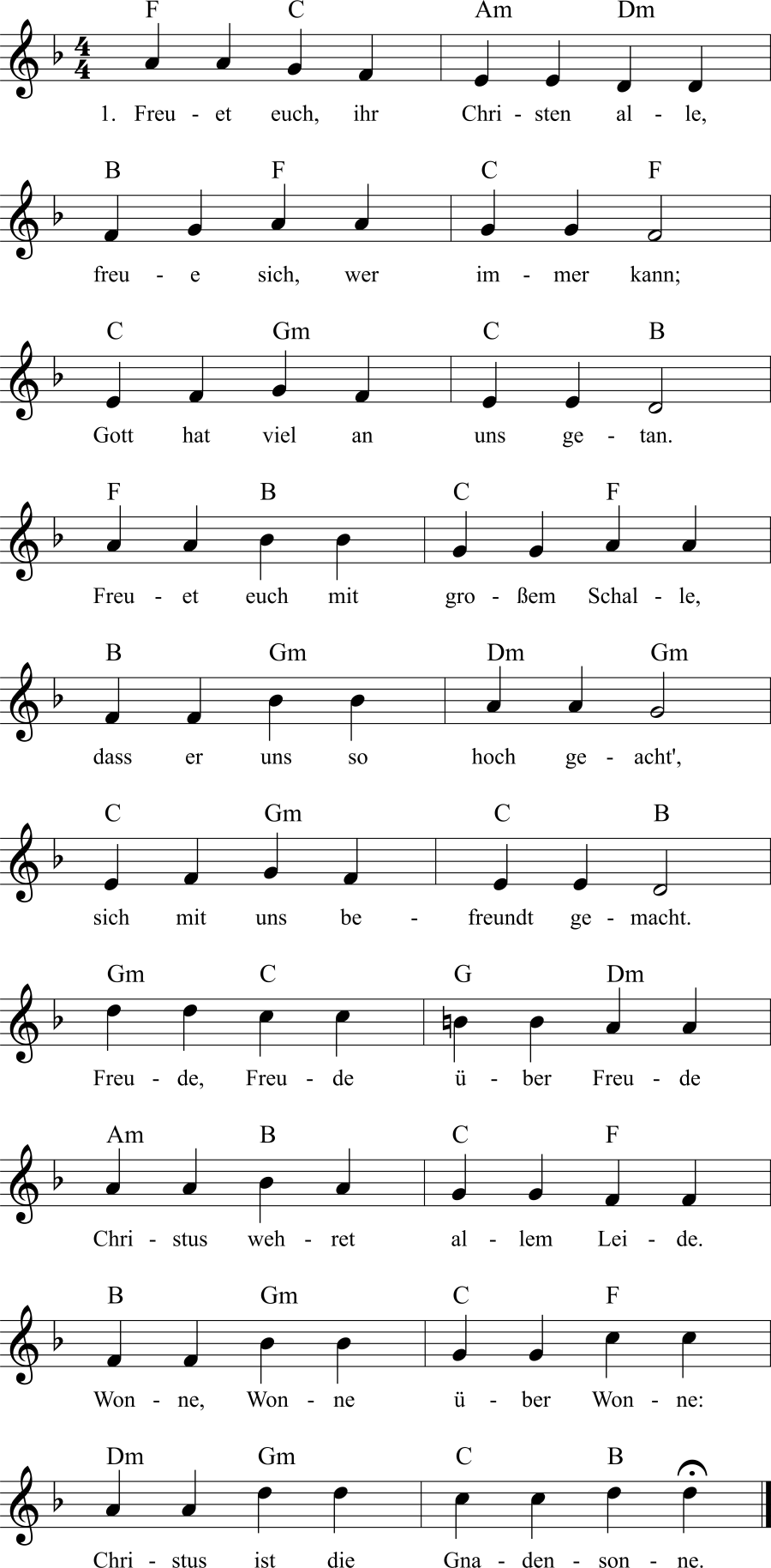Musiknoten zum Lied - Freuet euch, ihr Christen alle