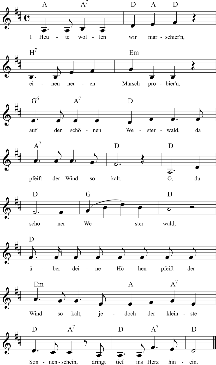 Musiknoten zum Lied O, du schöner Westerwald