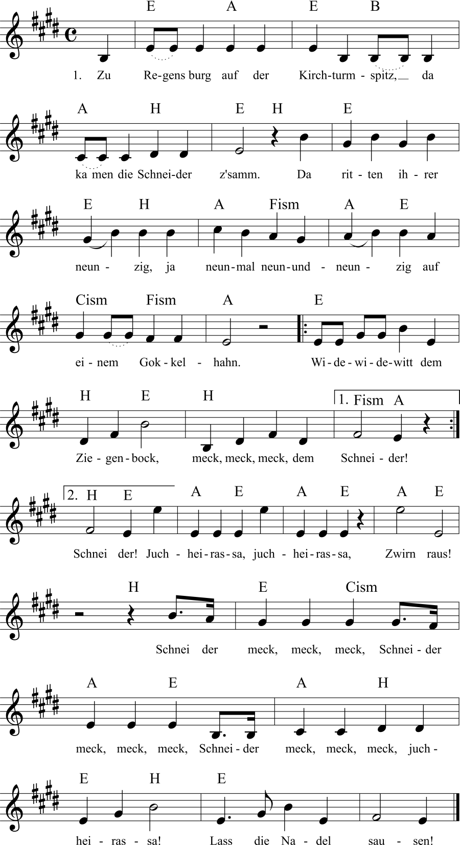 Musiknoten zum Lied - Zu Regensburg auf der Kirchturmspitz