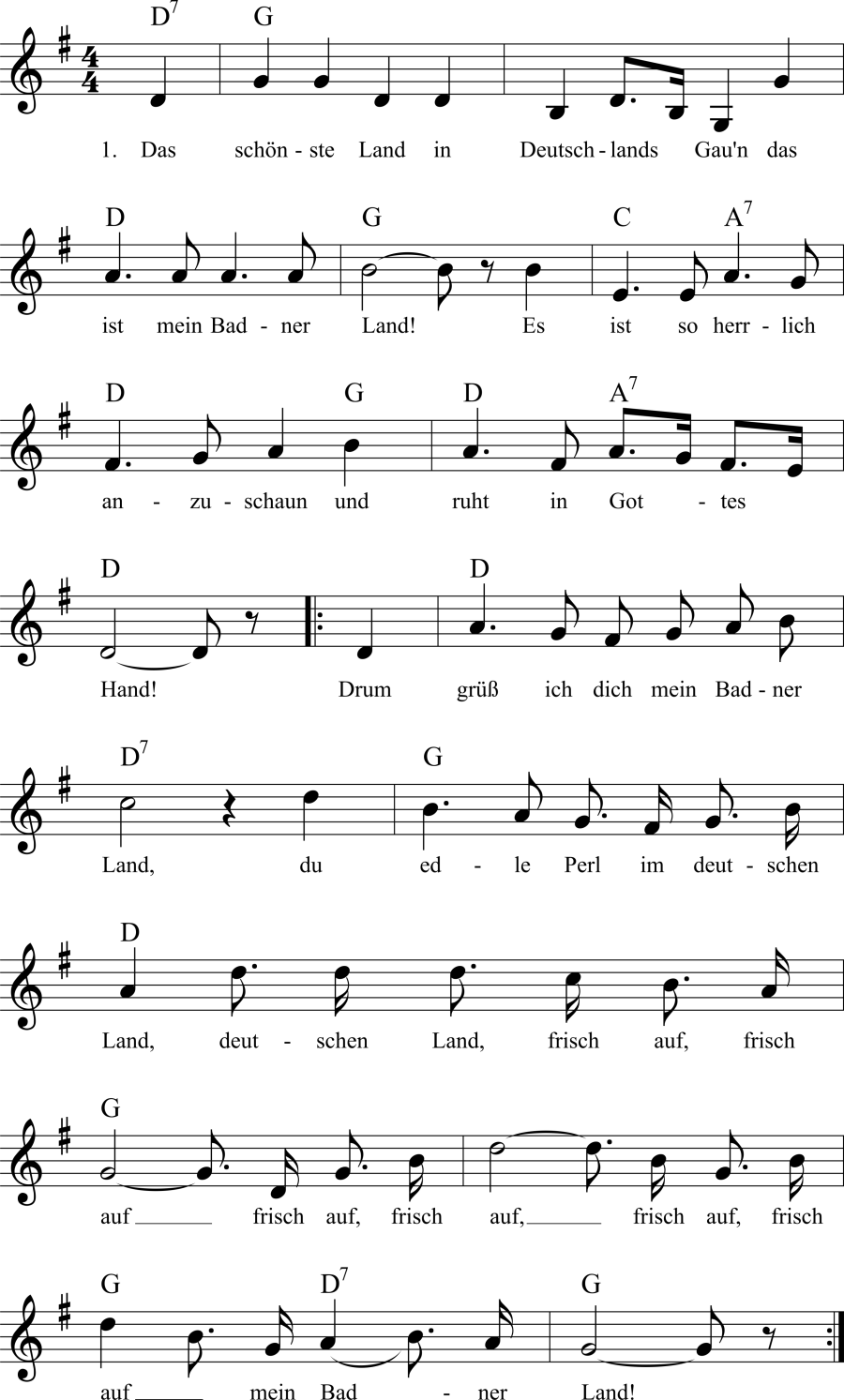 Musiknoten zum Lied - Das schönste Land in Deutschlands Gauen