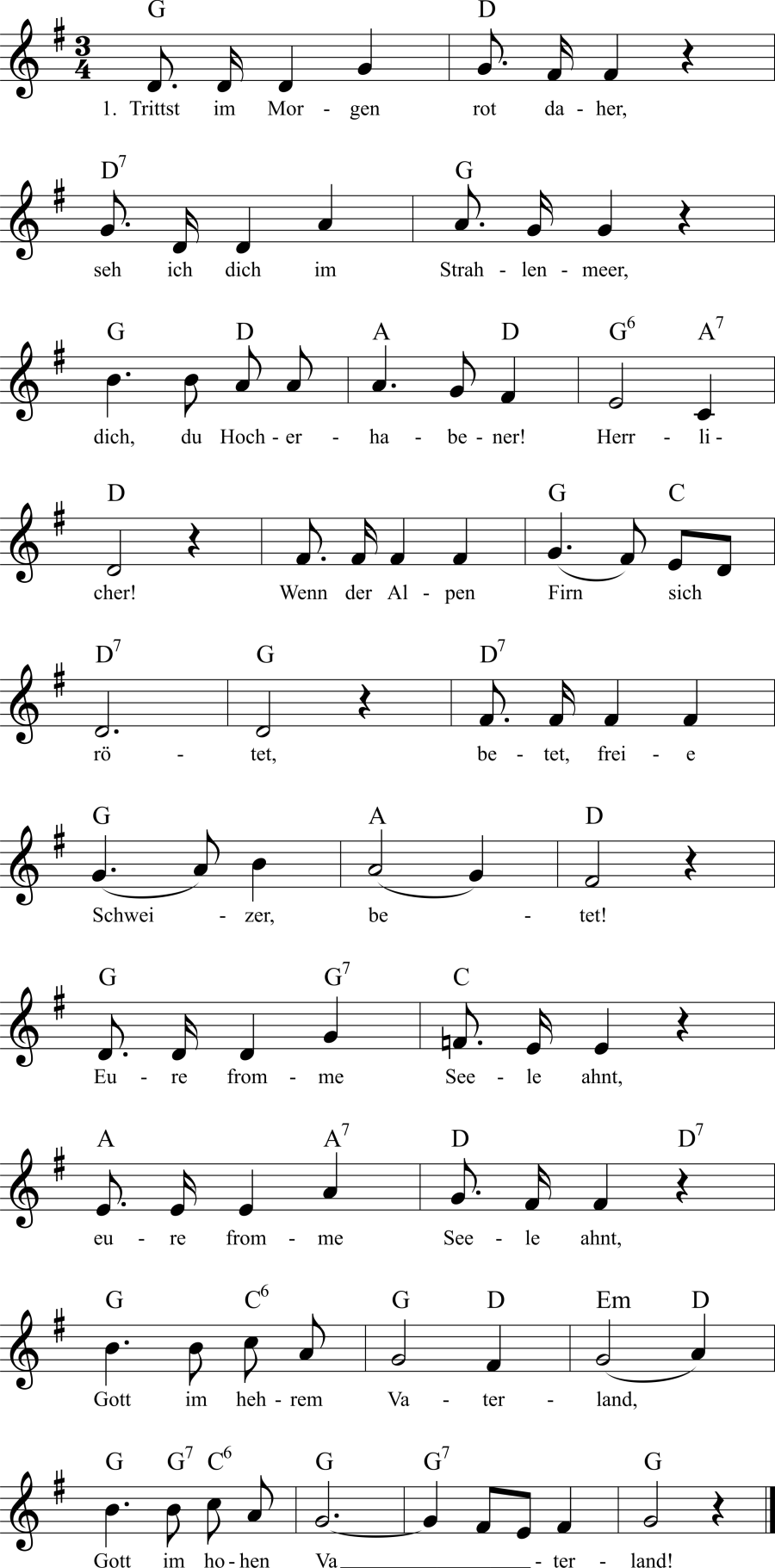 Musiknoten zum Lied - Schweizerpsalm