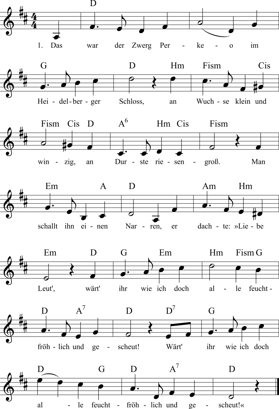 Musiknoten zum Lied - Das war der Zwerg Perkeo