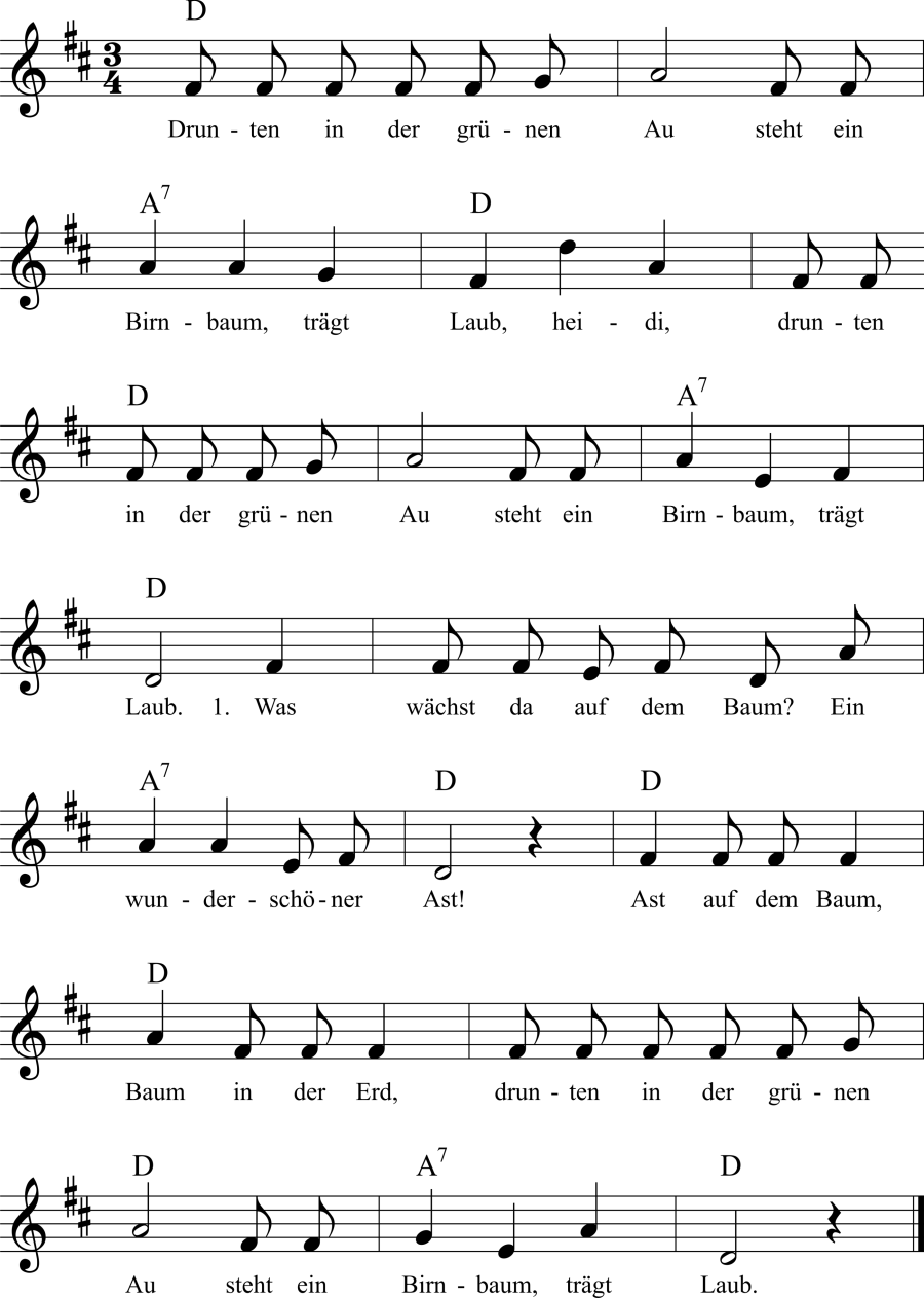 Musiknoten zum Lied - Drunten in der grünen Au