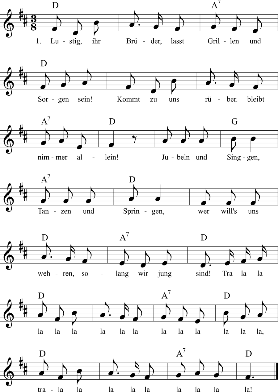 Musiknoten zum Lied - Lustig ihr Brüder, lasst Grillen und Sorgen sein