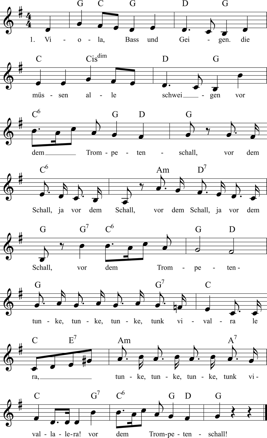 Musiknoten zum Lied - Viola, Bass und Geigen (Trompetentunke)