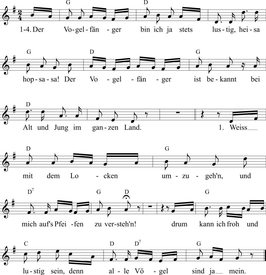 Musiknoten zum Lied - Der Vogelfänger