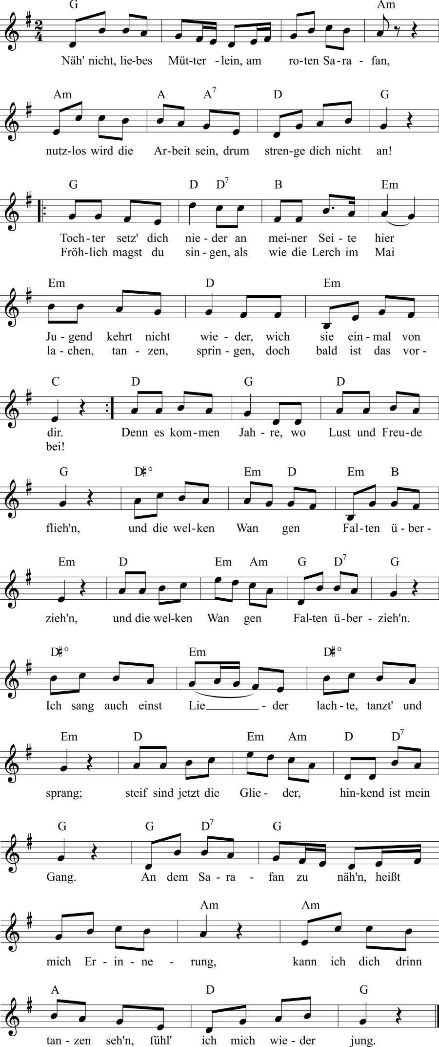 Musiknoten zum Lied - Der rote Sarafin
