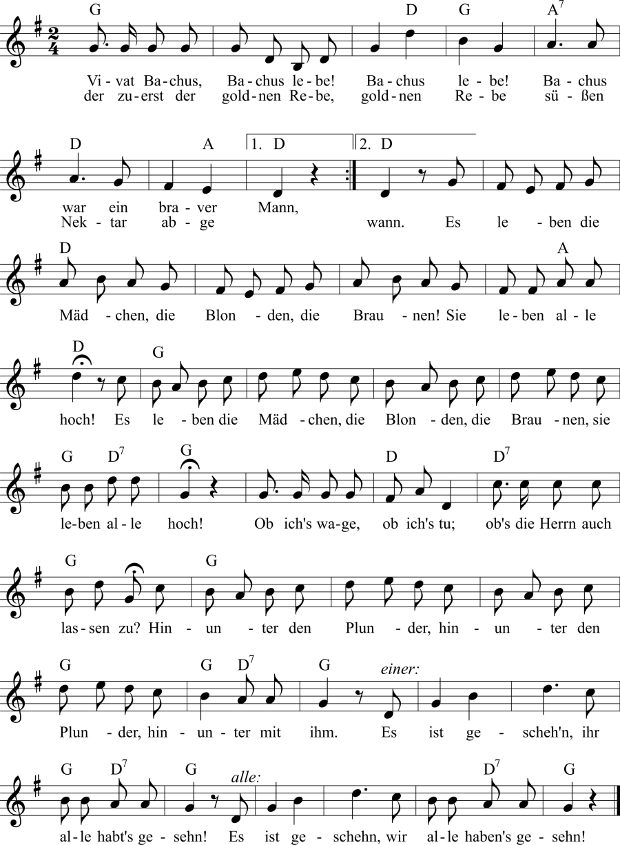 Musiknoten zum Lied - Vivat, Bacchus, Bacchus lebe!