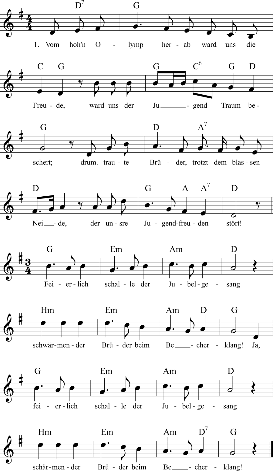 Musiknoten zum Lied - Vom hoh'n Olymp herab