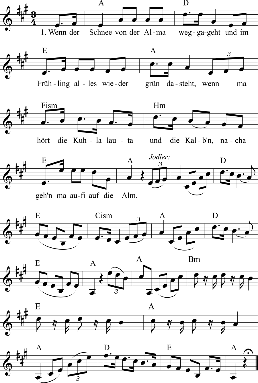 Musiknoten zum Lied - Frühlinsgzeit auf der Alm