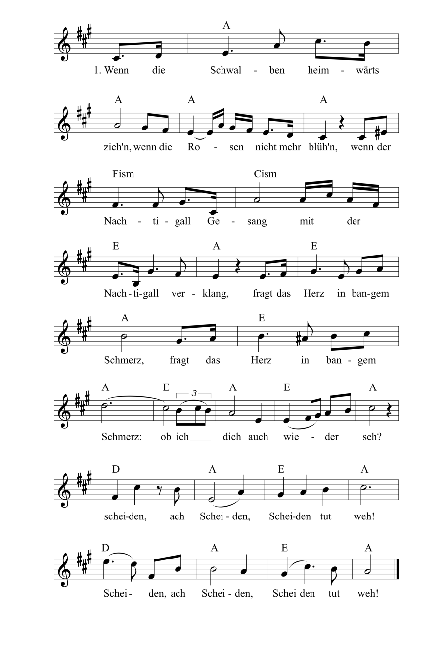 Musiknoten zum Lied - Wenn die Schwalben heimwärts ziehn