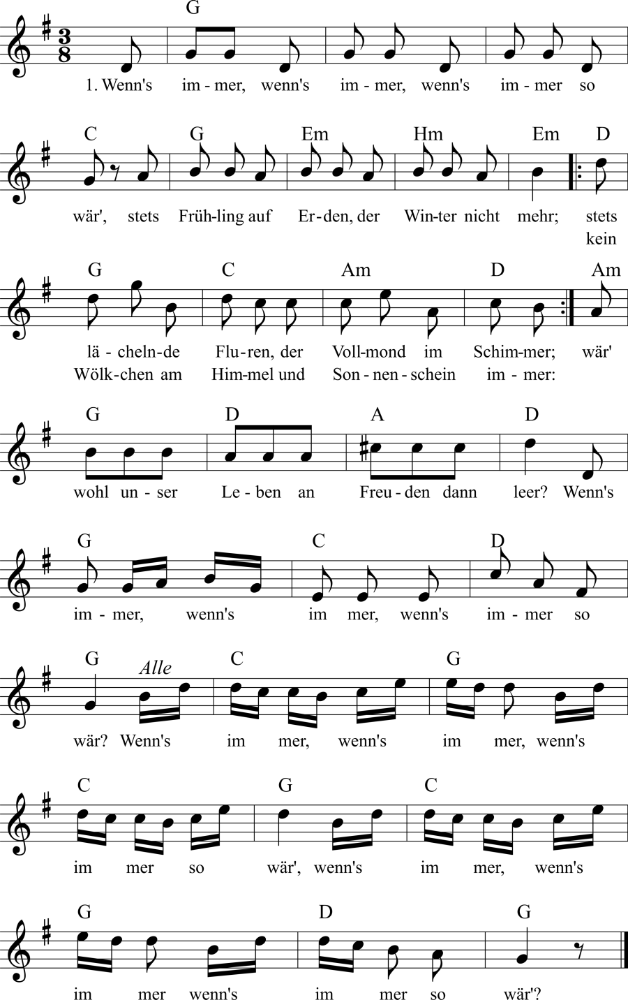 Musiknoten zum Lied - Wenn's immer so wär'!