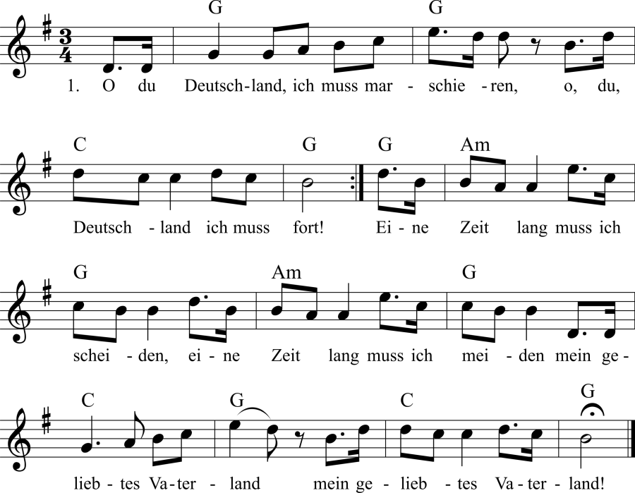 Musiknoten zum Lied - O du Deutschland ich muss marschieren