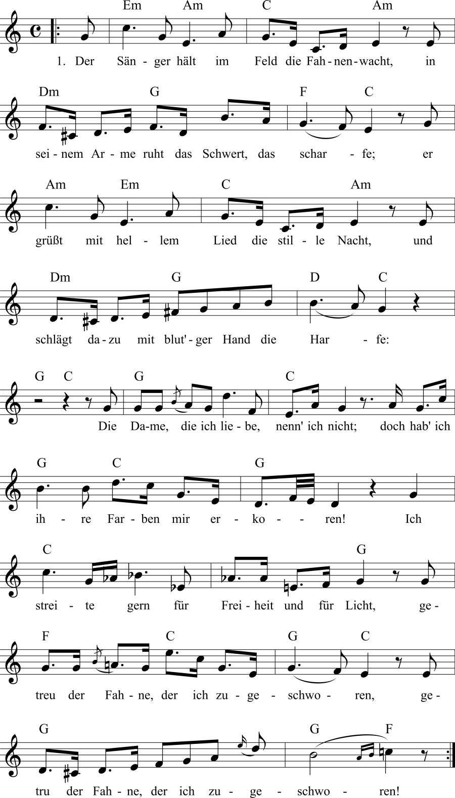 Musiknoten zum Lied - Der Sänger hält im Feld die Fahnenwacht