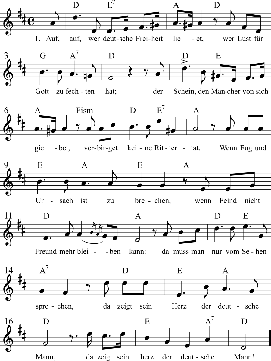 Musiknoten zum Lied - Auf, auf, wer deutsche Freiheit liebet