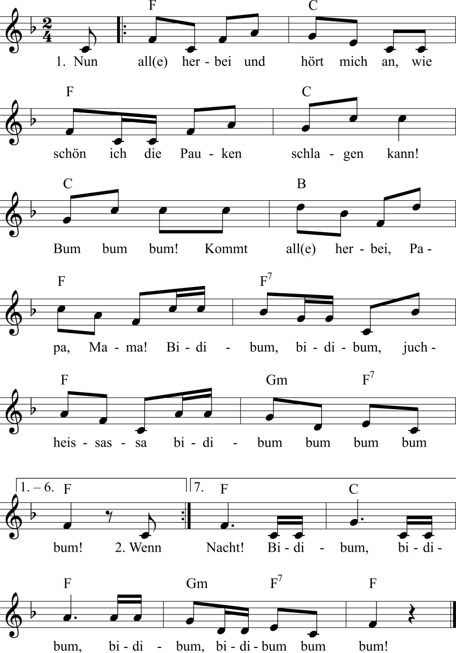 Musiknoten zum Lied - Das Paukenschlägerlied
