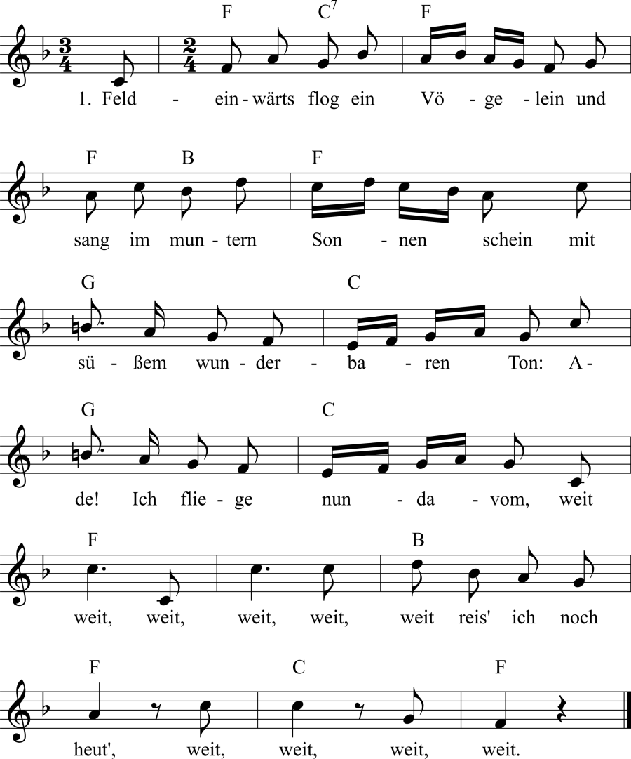 Musiknoten zum Lied - Feldeinwärts flog ein Vögelein (Heuberger)