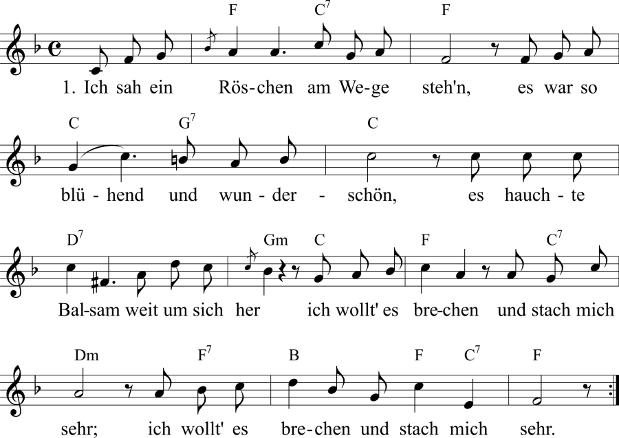 Musiknoten zum Lied - Ich sah ein Röschen am Wege steh'n
