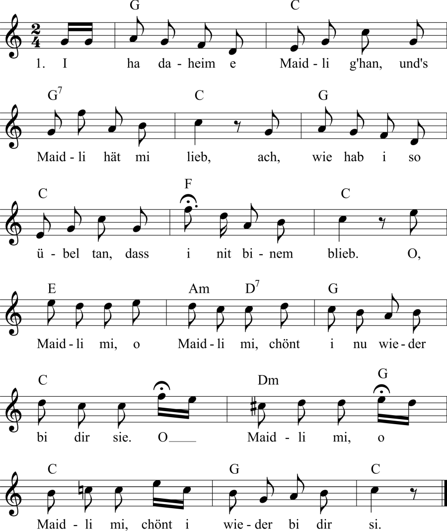 Musiknoten zum Lied - Die Maidli im Schwizerland