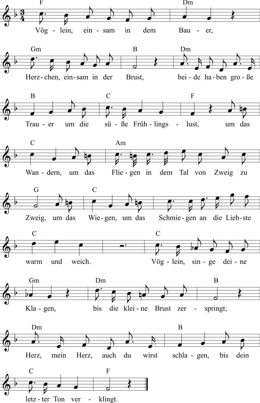 Musiknoten zum Lied - Die gefangenen Sänger