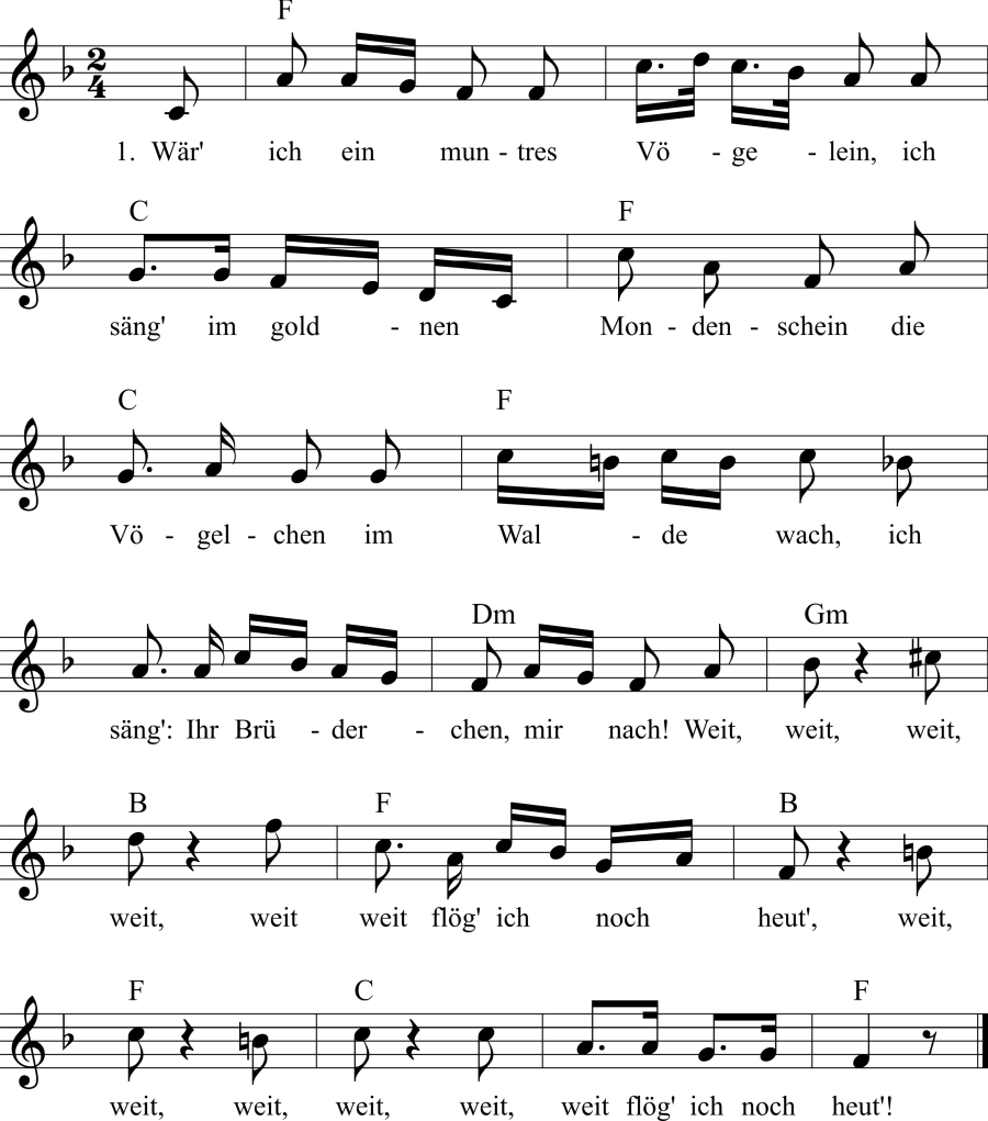 Musiknoten zum Lied - Wär' ich ein muntres Vögelein