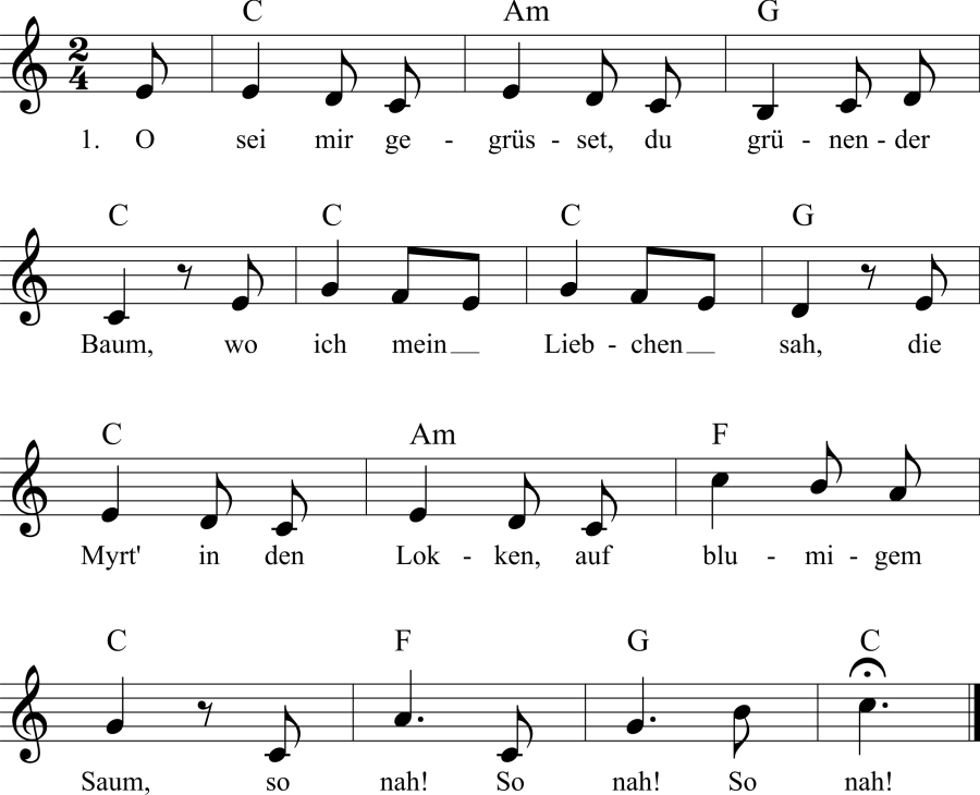 Musiknoten zum Lied - O, sei mir gegrüßet du grünender Baum