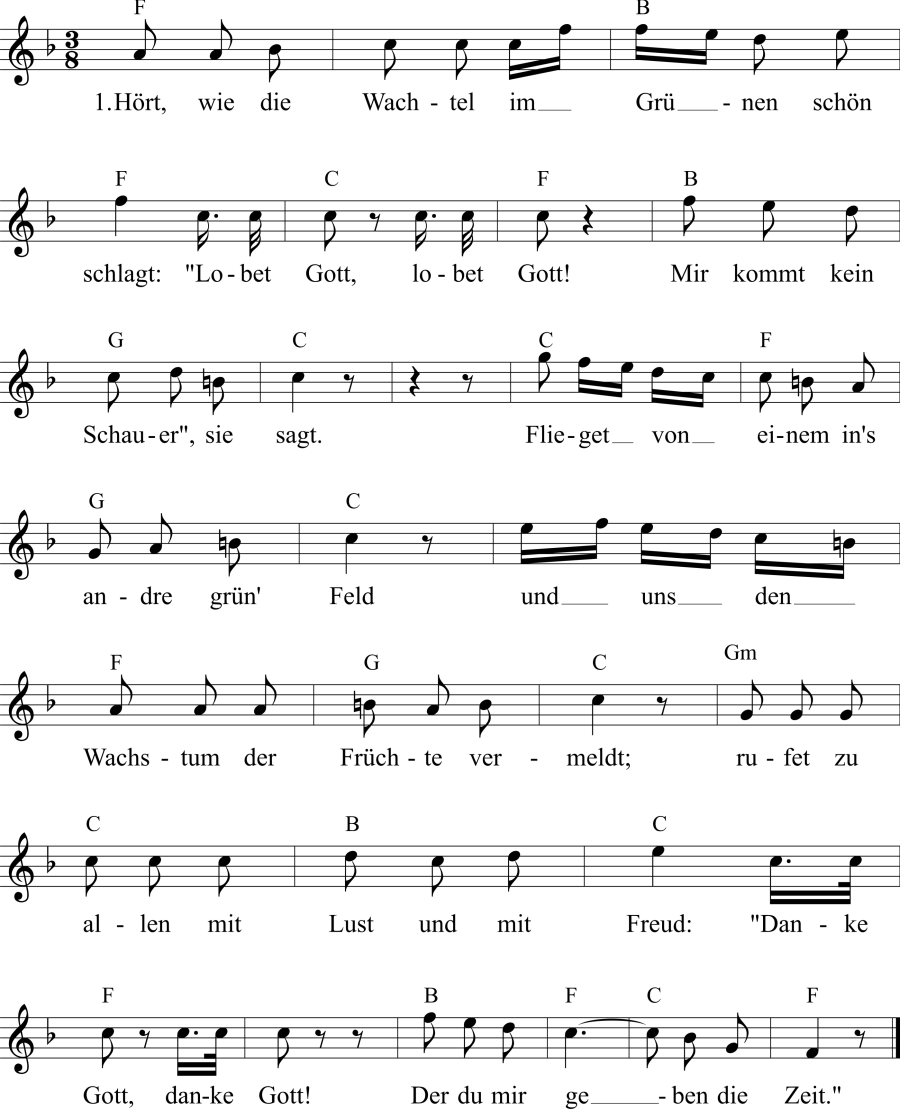 Musiknoten zum Lied - Wachtelschlag