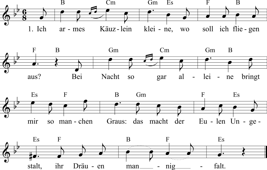 Musiknoten zum Lied - Das Käuzlein