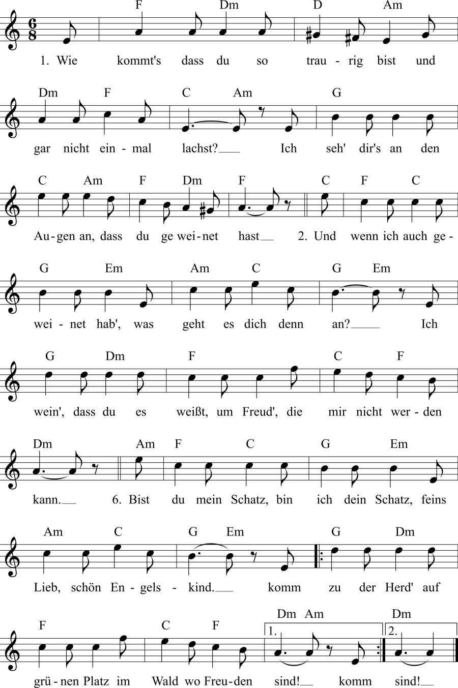 Musiknoten zum Lied - Wie kommt's dass du so traurig bist